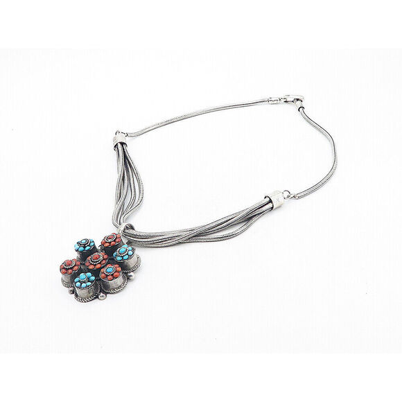 MIDDLE EASTERN 925 Silver Vintage Turquoise & Coral Chain Necklace NE1498 - Picture 2 of 5